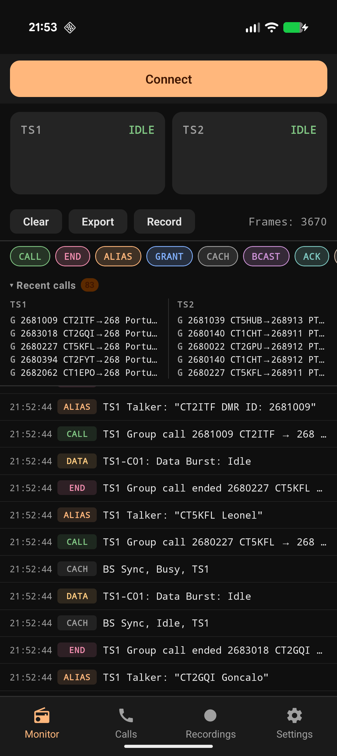 MAT3 monitoring live DMR activity on two timeslots